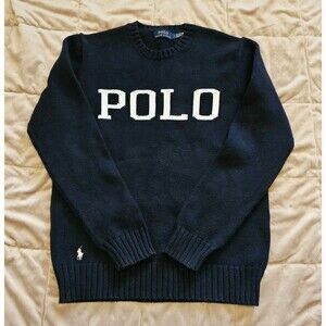 Polo Ralph Lauren Logo-Intarsia Cotton Sweater Men’s Size M Spellout Logo Blue